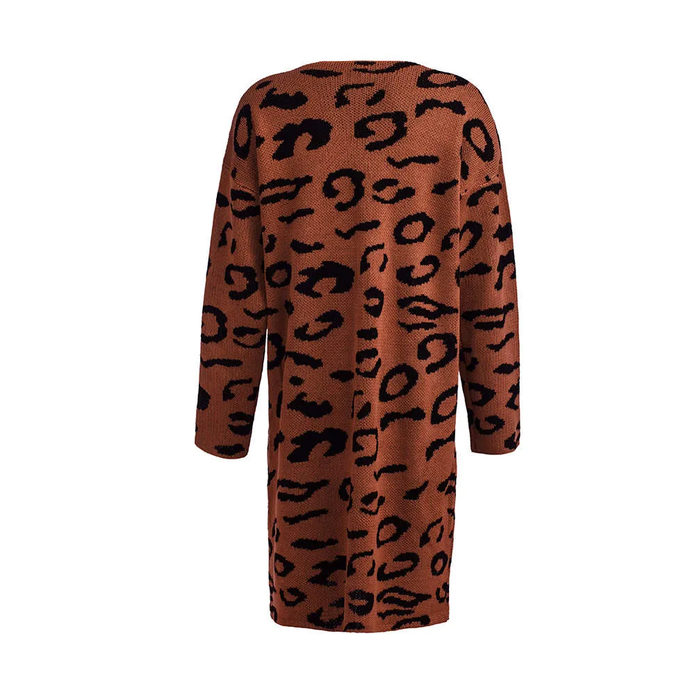 Women's Sweater Four-color Leopard Cardigan Loose Long Sweater