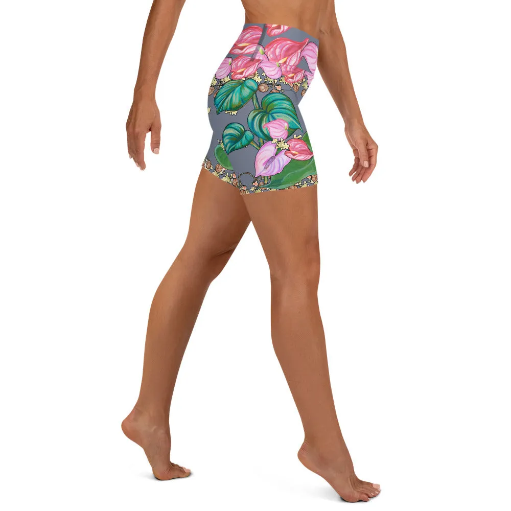 Women's Yoga Shorts: Tropical Anthirium & Hawaiian Healing Plants- Grey