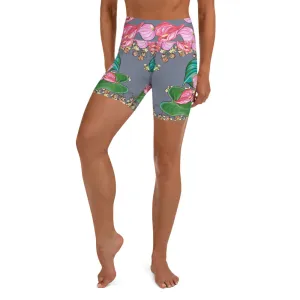 Women's Yoga Shorts: Tropical Anthirium & Hawaiian Healing Plants- Grey