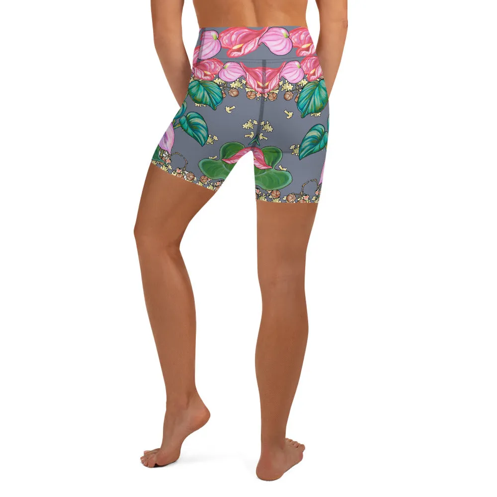 Women's Yoga Shorts: Tropical Anthirium & Hawaiian Healing Plants- Grey