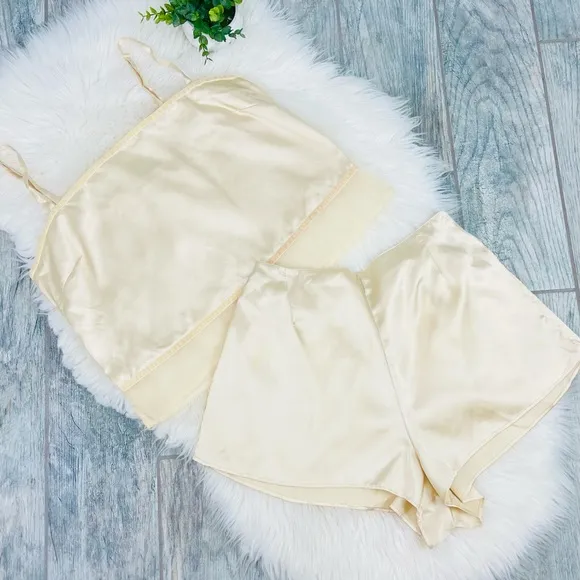 Y2K Vintage Victorias Secret Ivory Cream Satin Velvet Two Piece Lingerie Set